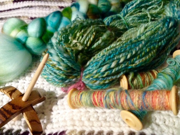 Fibre, singles ,and plied yarn, all spun on my new tiny Turkish spindle. Renata Bursten. 10/2016.