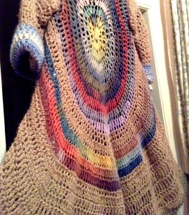 Detail showing wide swing of the coat. Crochet alpaca coat and matching scarf. Renata Bursten 12/2016.