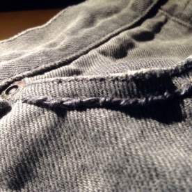 Mended jeans. Left front pocket reset and reinforced.